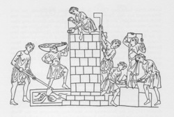 Wie ein mittelalterlicher Baubetrieb aussah, zeigt eine Buchmalerei um 1185