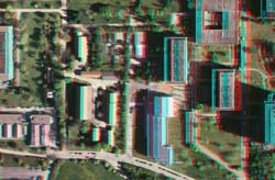 Dreidimensionales Anaglyphenbild der Fakultät Ressourcenmanagement. Die Bilder wurden von der Stadt 
