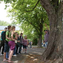 SchülerInnen und Studierdende beim Kennenlernen auf dem Schulhof