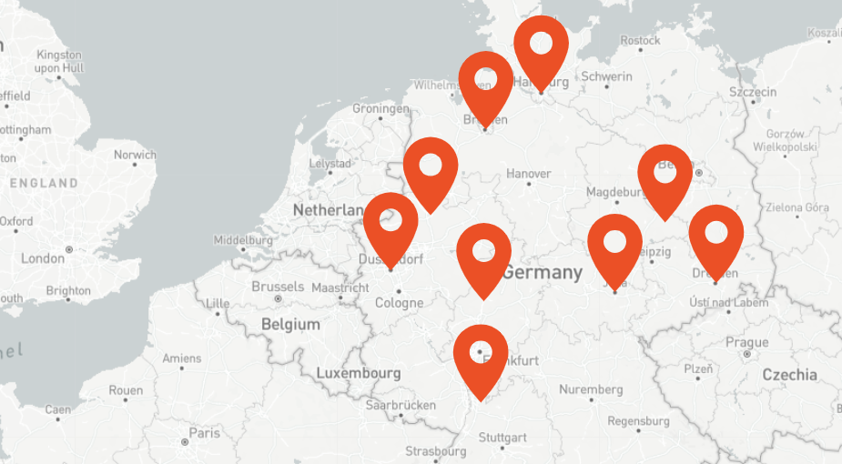 Karte von Deutschland mit den Standorten des Parkinson Netzwerks Deutschlands.